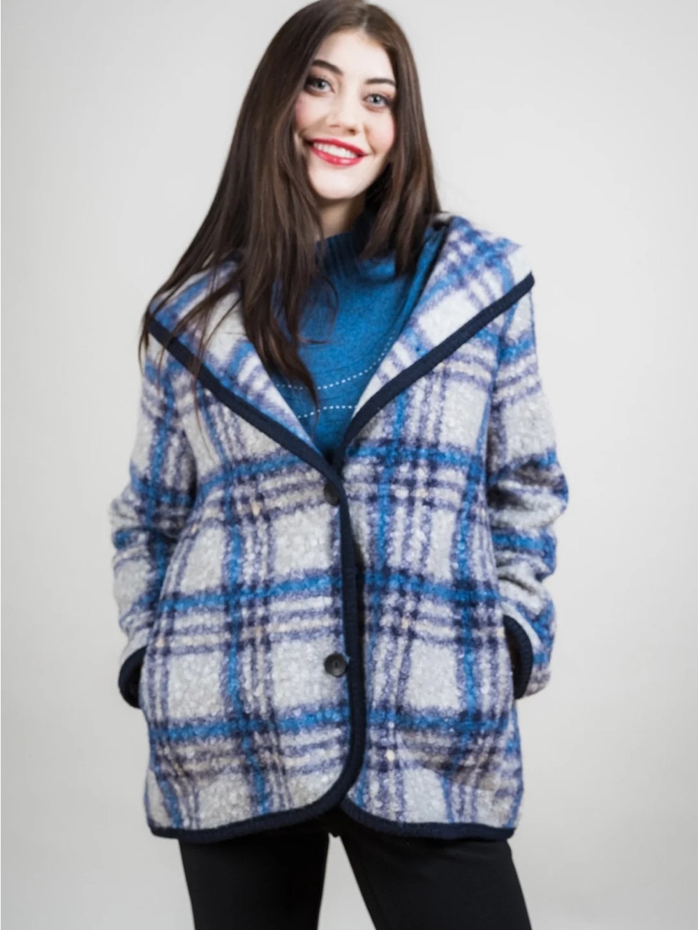 Trisha Tyler Bouccle Womans Hooded Plaid Jacket in Blue & Purple